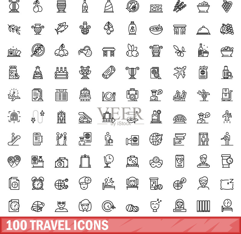 100个旅行图标轮廓风格合集图标素材