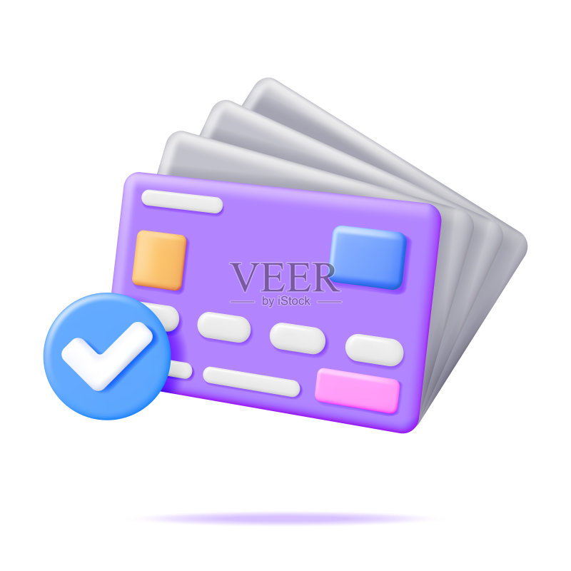 带有已批准复选标记的3D银行卡堆叠图标素材