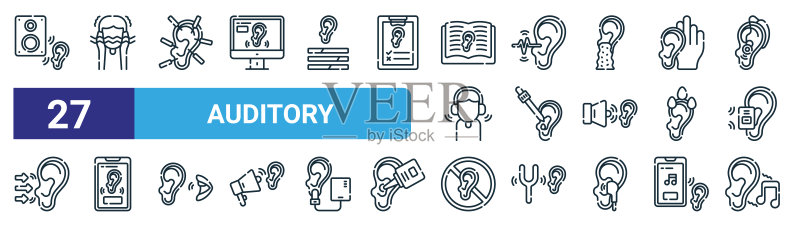 27个Web音频轮廓图标,如耳朵等细线矢量图标图标素材