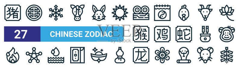 27个中国生肖轮廓网页图标:猪、中国风、雪花、日历、鸡、星星、龙、鞭炮细线矢量图标,适用于网页设计和移动应用图标素材