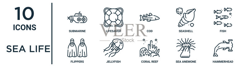 海洋生物轮廓图标集:潜艇、鳕鱼、水母等图标素材
