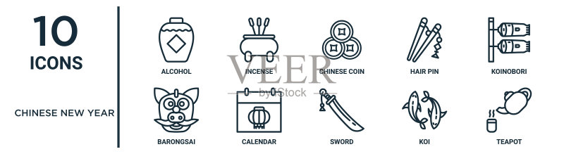 中国新年轮廓图标集,包含细线酒精、中国硬币、鲤鱼旗、日历、锦鲤、茶壶、舞狮等图标,用于报告、演示、图表、网页设计图标素材