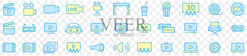 电影院线性图标合集,可编辑笔画矢量图标素材