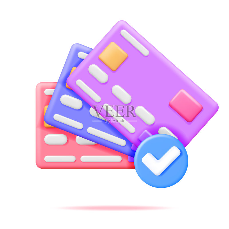 带有已批准复选标记的3D银行卡堆叠图标素材
