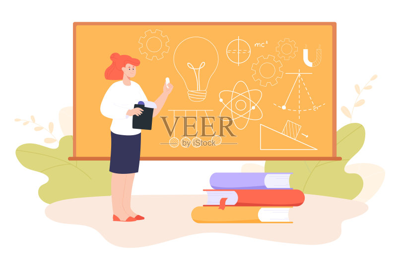 女物理老师拿着粉笔在黑板旁边正版插画素材