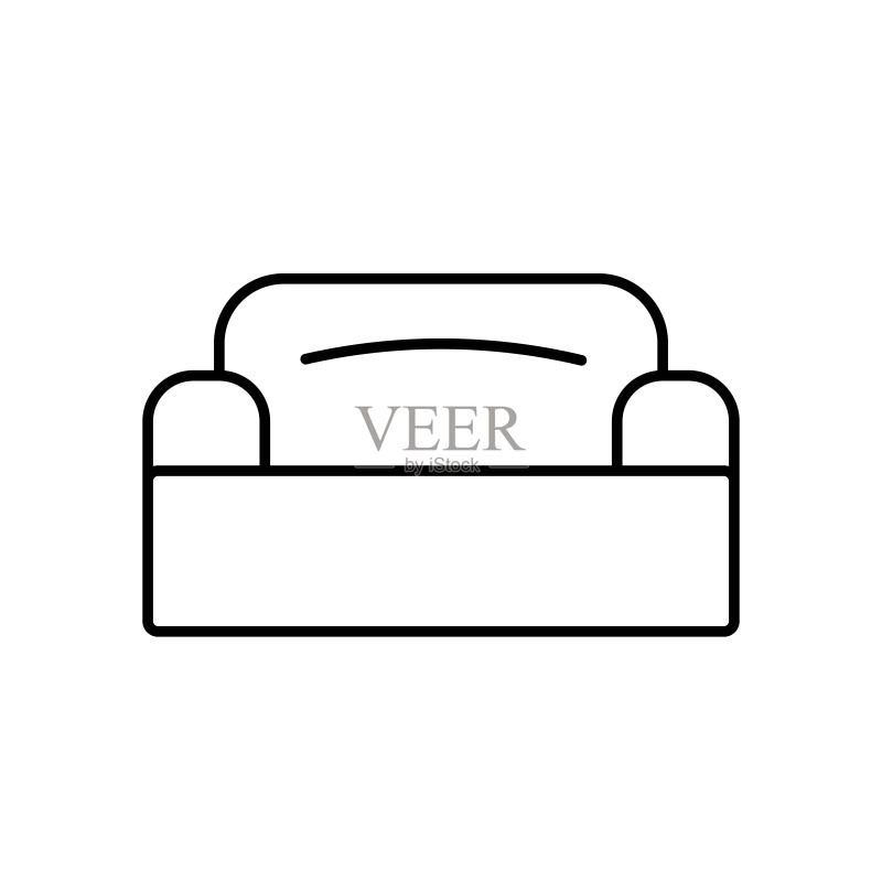 简约沙发轮廓黑色矢量图标。客厅家具符号。现代沙发标志。线条插图。白色软沙发标志,适用于移动设备、应用程序、设计、网页、开发、UI、UX、GUI。图标素材
