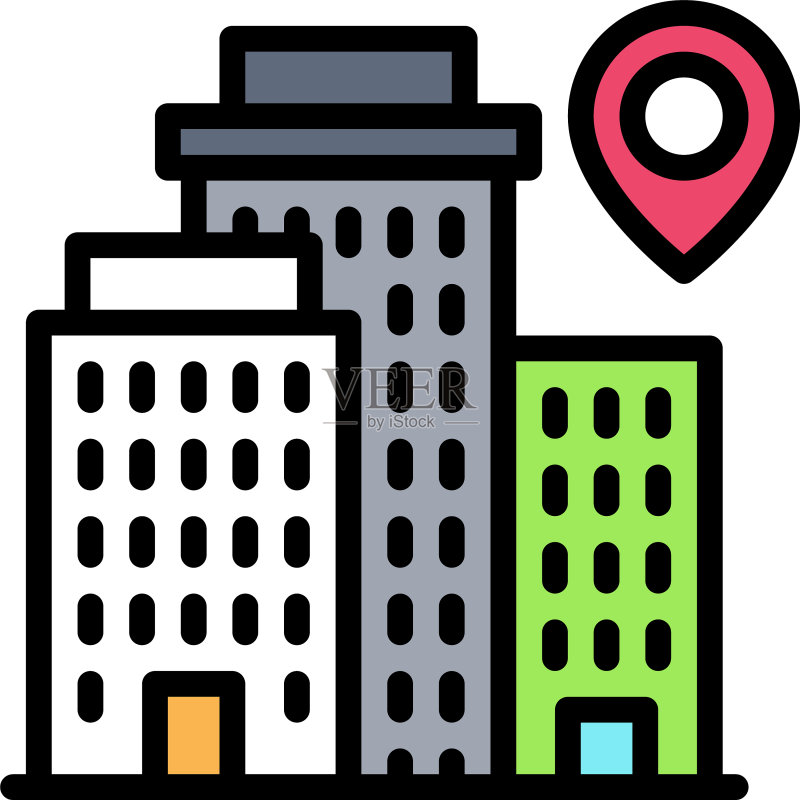 带建筑物标志的图钉位置地图和导航图标素材