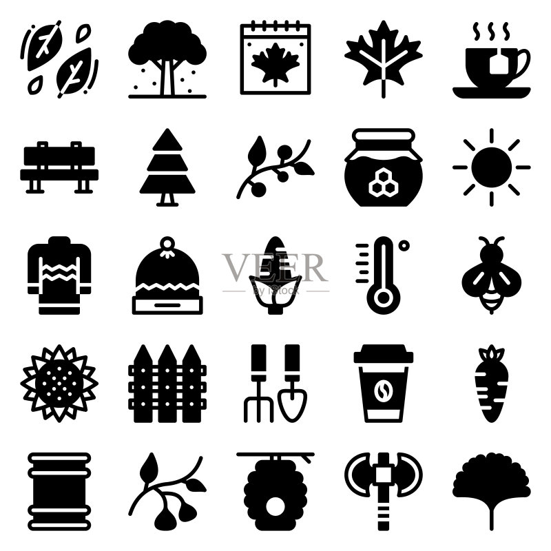 秋季实心图标合集(共50个):树叶、浆果、毛衣等图标素材