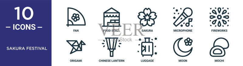 樱花节轮廓图标集,包含细线扇子、樱花、烟花、中国灯笼、月亮、糯米团、折纸图标,用于报告、演示、图表、网页设计图标素材