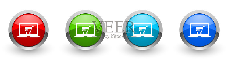 在线商店Web图标,一组银色金属圆形按钮,隔离在白色背景上图标素材