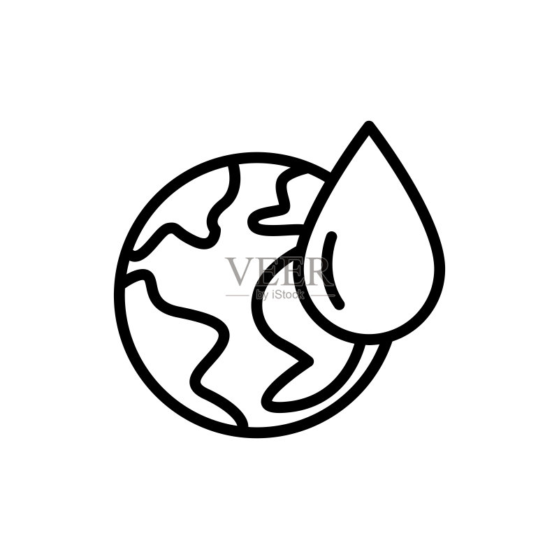 带有水滴的地球线条图标。湿地图标。简单的可编辑设计。设计模板矢量图标素材