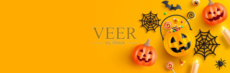 快乐万圣节背景模板与万圣节南瓜和万圣节元素的橙色背景。网站鬼魅,背景或横幅万圣节模板正版插画素材