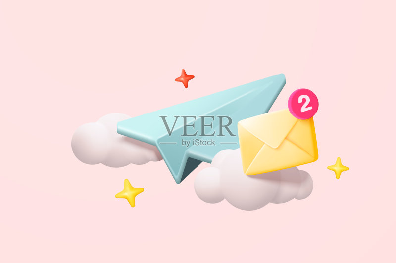 3D纸飞机邮件图标,云端发送新消息。简约电子邮件发送至社交媒体在线营销。订阅简报。3D飞机飞行图标矢量渲染插图图标素材
