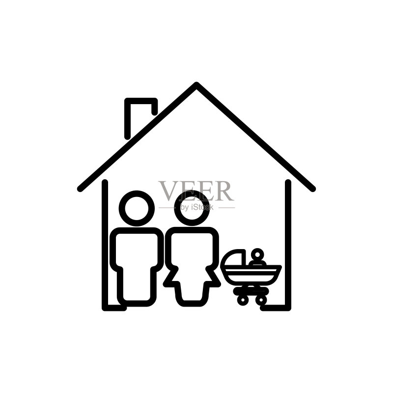家庭线条图标:父母和婴儿车,含房屋,简约设计矢量模板图标素材