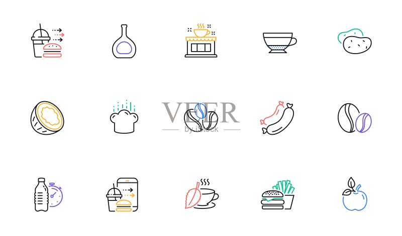 干卡布奇诺咖啡、咖啡豆和咖啡店线条图标图标素材