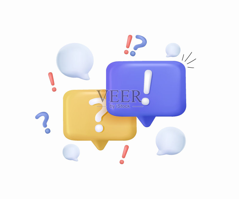 3D问答对话气泡,含问号和感叹号图标,常见问题解答符号概念图标素材