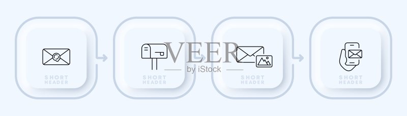 字母图标:信封、邮递员、邮局、邮箱、图片、文件、通知、短信,通讯概念。新拟物风格矢量线条图标,适用于商业和广告图标素材