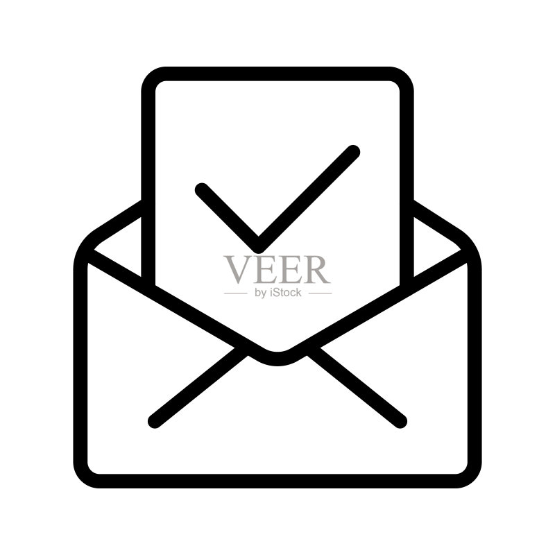 邮件成功线性图标。勾号、选中标记、信件、信封、收件人、信件往来、发送消息。沟通概念。用于商业和广告的白色背景矢量线性图标图标素材