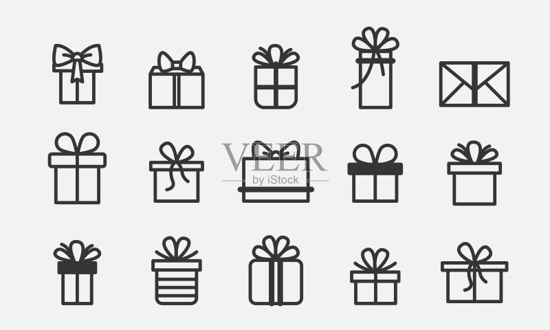 礼品盒线条图标集,生日、圣诞礼物包装符号合集,矢量插画图标素材