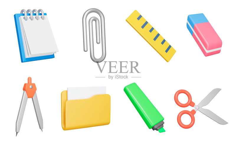 3D文具图标套装:书写工具、办公用品,含笔记本、回形针、橡皮擦、圆规、文件夹、荧光笔、剪刀和尺子矢量图,透明背景上的独立图标和对象图标素材