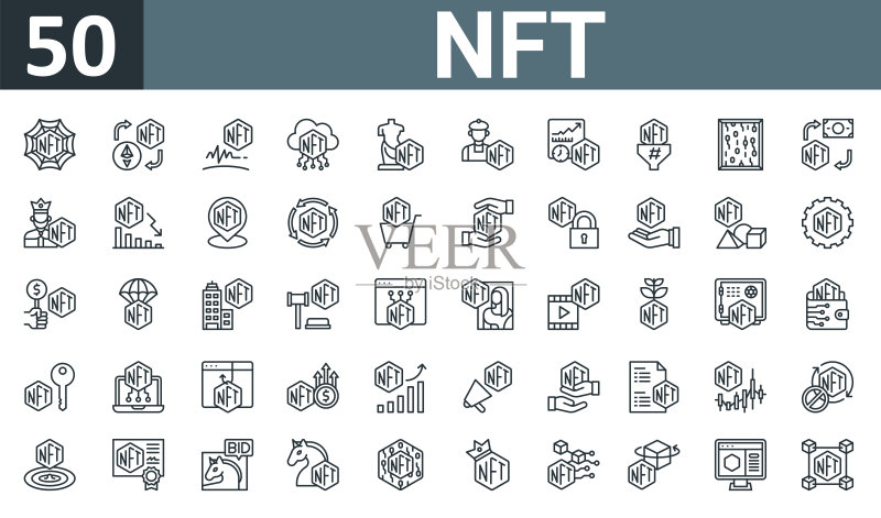 50个NFT轮廓网页图标合集:包含网站、交易、签名、云、雕塑、艺术家、哈希率等矢量图标,适用于报告、演示文稿、图表、网页设计、移动应用图标素材