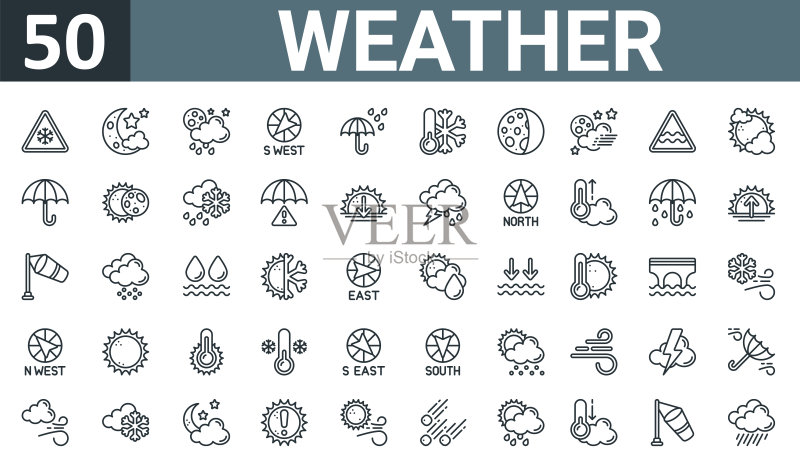50个天气网页图标合集:月亮、云和雨伞等线性图标图标素材