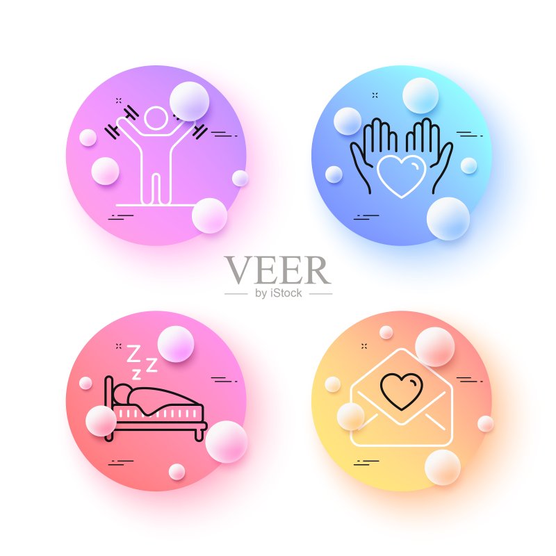 手捧爱心、哑铃锻炼和睡眠简约线条图标。适用于Web应用程序、印刷。矢量图图标素材