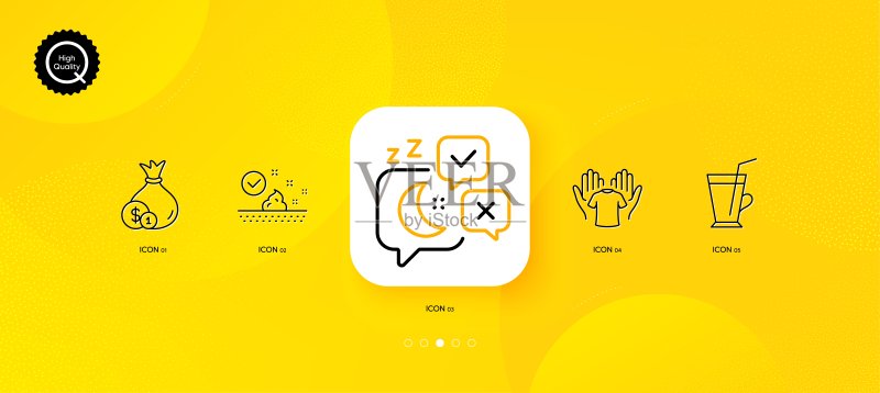 现金、咖啡杯和Hold T恤极简线条图标。适用于Web应用程序、印刷。矢量图图标素材
