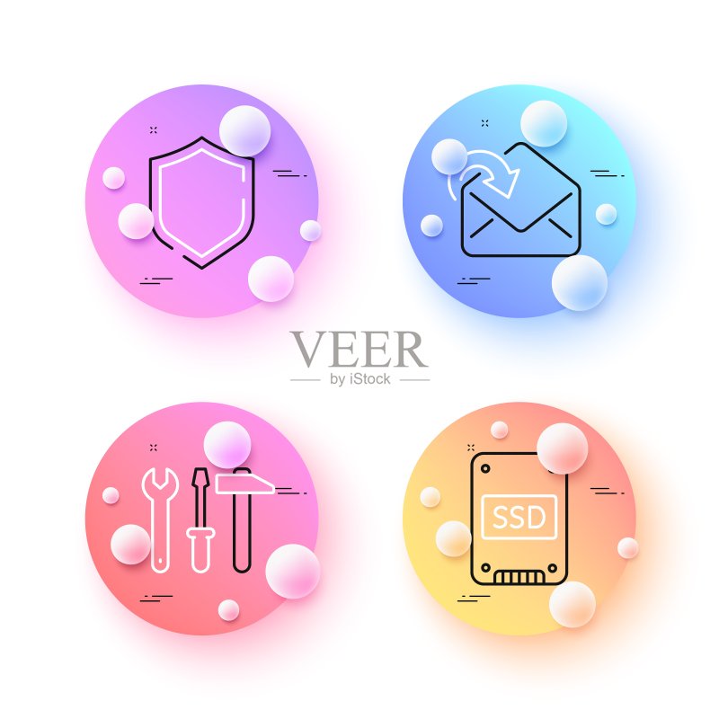 盾牌、接收邮件和扳手工具极简线性图标矢量图,适用于Web应用和印刷图标素材