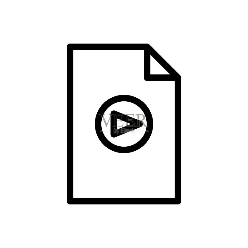 纸质文档线条图标,带播放符号。与音乐文档、音乐文件相关的图标。简单的矢量设计可编辑。32 x 32像素完美图标素材