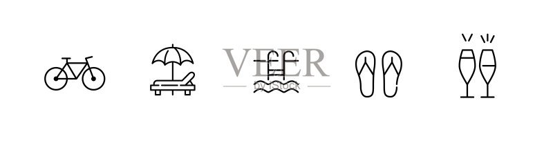 海滩度假村图标:自行车、太阳伞、椅子、游泳池、人字拖和香槟。像素完美,可编辑笔画图标素材