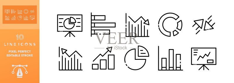 工作信息图表图标集:统计图、条形图、箭头、信息交流、增长、下降、数据传输。商业概念。矢量可编辑图标集,白色背景图标素材