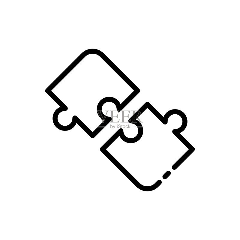 拼图游戏线性图标:拼图,解决问题,创造性思维,灵感,团队合作,谜语,拼图。白色背景上的矢量黑色线性图标图标素材