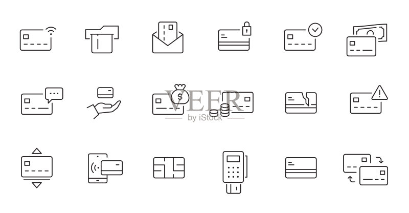 信用卡线性图标集:信用卡支付、转账、移动银行业务图图标素材
