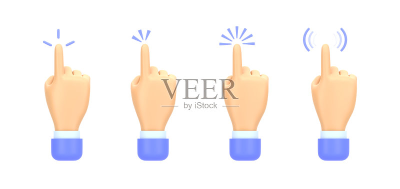 手触碰指纹扫描仪3D渲染,手臂图标卡通,具有不同的点击效果,点击屏幕,手指按压按钮,用户界面元素,隔离在白色背景上图标素材