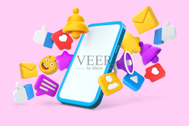 社交媒体智能手机模型:在线交流,带有3D喜欢、通知和消息图标的移动设备屏幕矢量插画图标素材