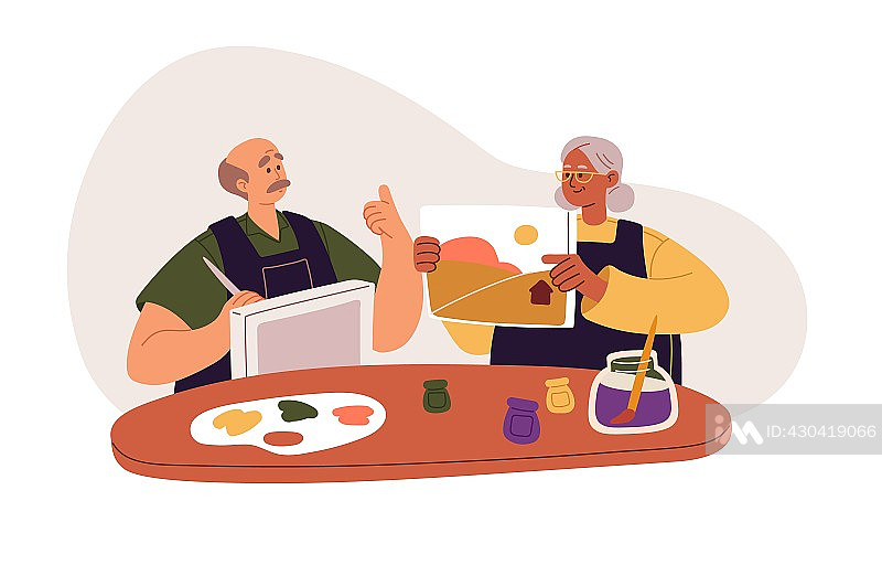 老年夫妇绘画,快乐老人共同创作,退休生活矢量插画插画图片素材
