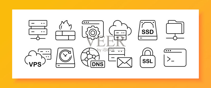 数据存储图标集:硬盘驱动器、文件夹、设置、齿轮、云、固态硬盘、HDD、SSD、VPS、虚拟专用服务器、DNS、SSL、保护。数据中心概念。商业矢量线条图标图标素材