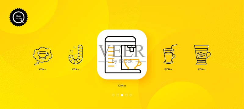 冰沙、咖啡杯和咖啡机极简线条图标。适用于Web应用程序、打印。矢量图标素材