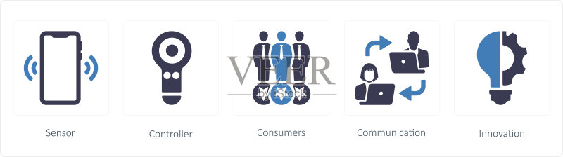 VR虚拟现实图标:传感器、控制器、用户与通讯图标素材