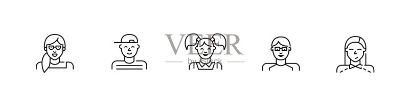 儿童和青少年头像图片(像素完美、可编辑描边线条图标)图标素材