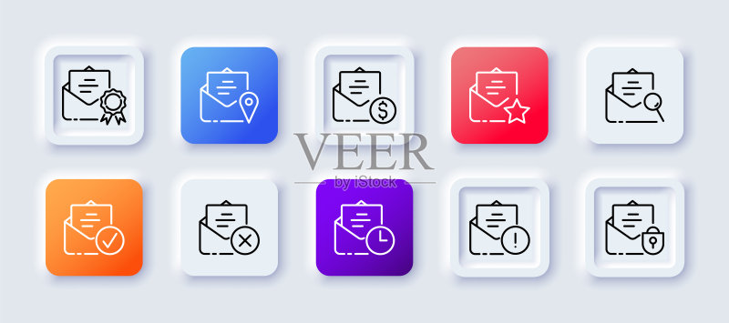 邮件图标集:短信,包含加号、减号、叉号、美元、齿轮、手表、放大镜、指针、心形、锁、隐私。数据设置概念。新拟物风格。商业广告矢量线性图标图标素材