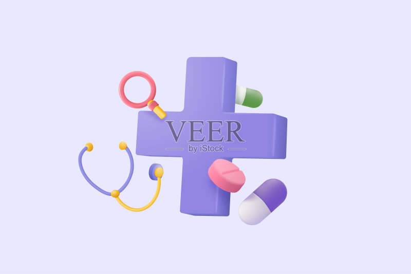 紫色背景上的3D药房药品医疗保健图标素材