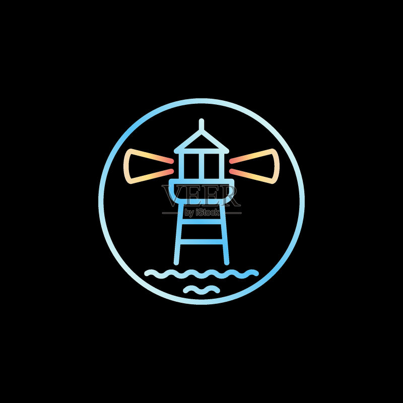 带海浪的灯塔细线矢量蓝色圆形图标图标素材