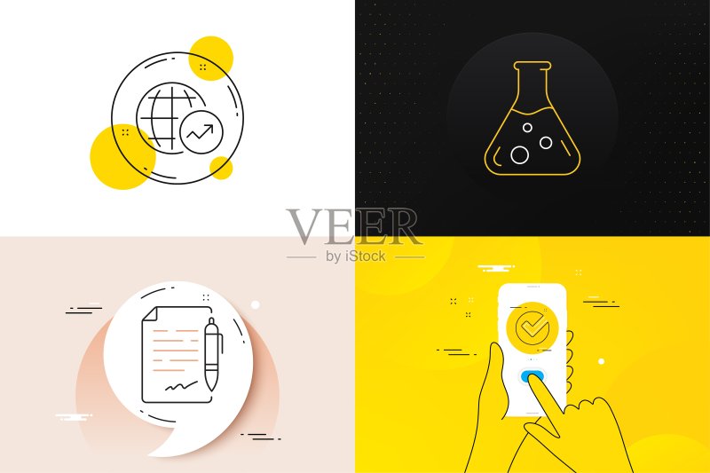 化学实验室、协议文件和验证线条图标的简约合集。用于Web开发。矢量素材图标素材