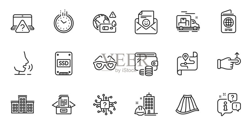地图、时间和爱心眼镜细线图标集,适用于Web应用程序。矢量设计素材图标素材