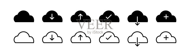 云图标。上传和下载矢量符号。云检查完成。矢量标志图标素材