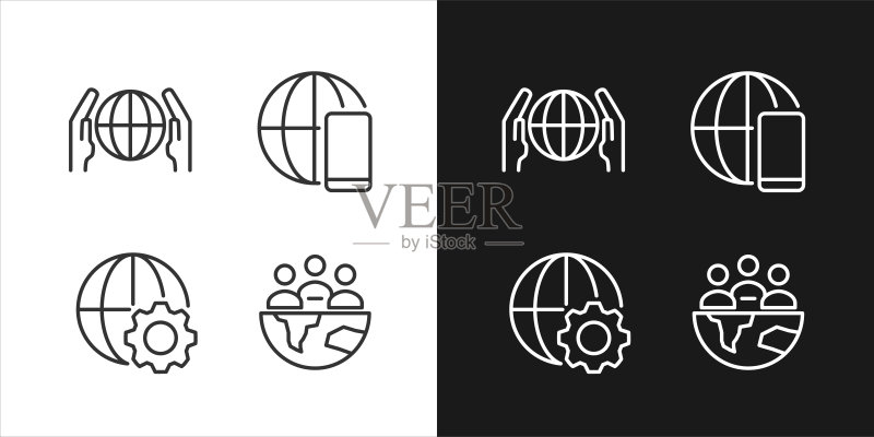 深色、浅色模式的全球化过程像素完美线性图标集图标素材