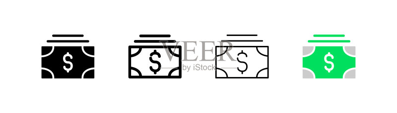美元钞票图标。货币、符号、支付、金钱、财务管理、收入、储蓄、薪水。商业概念。白色背景上的四种不同风格的矢量图标图标素材