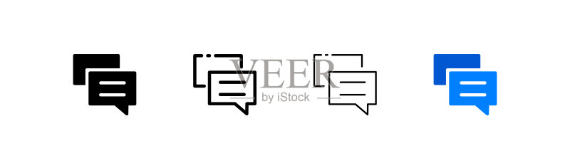 对话气泡图标集。通信、聊天、静音、通知、沉默、邮件、消息、信息、支持。白色背景上四种不同风格的矢量图标图标素材